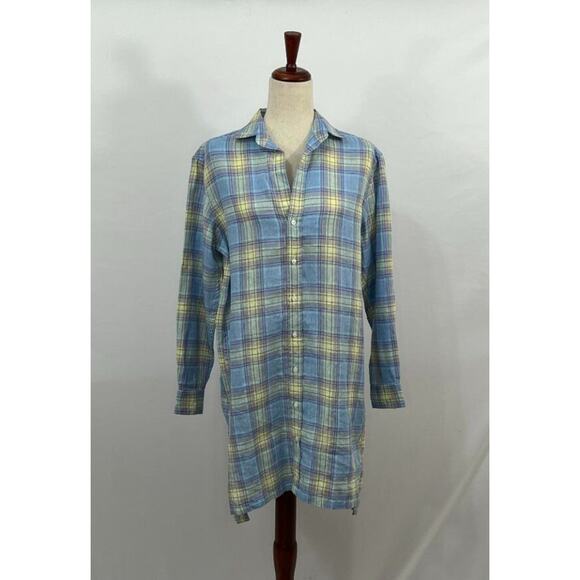 FRANK & EILEEN Sz S Small Blue Yellow Purple Plaid Linen Hunter Shirt Dress - Picture 9 of 9